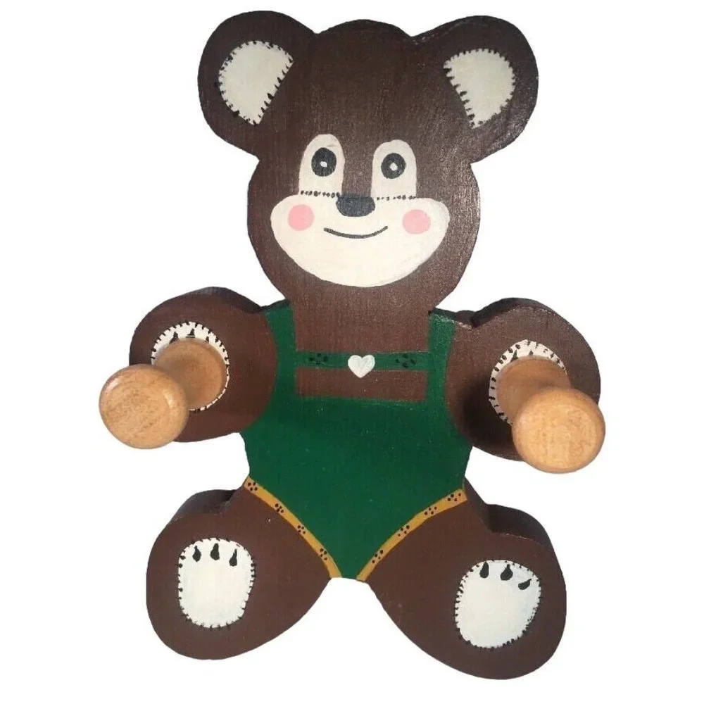 VTG 80s ‎ Roy Woodell Handmade Wooden Bear Coat Hook Pair Kids Wall Decor Rustic
